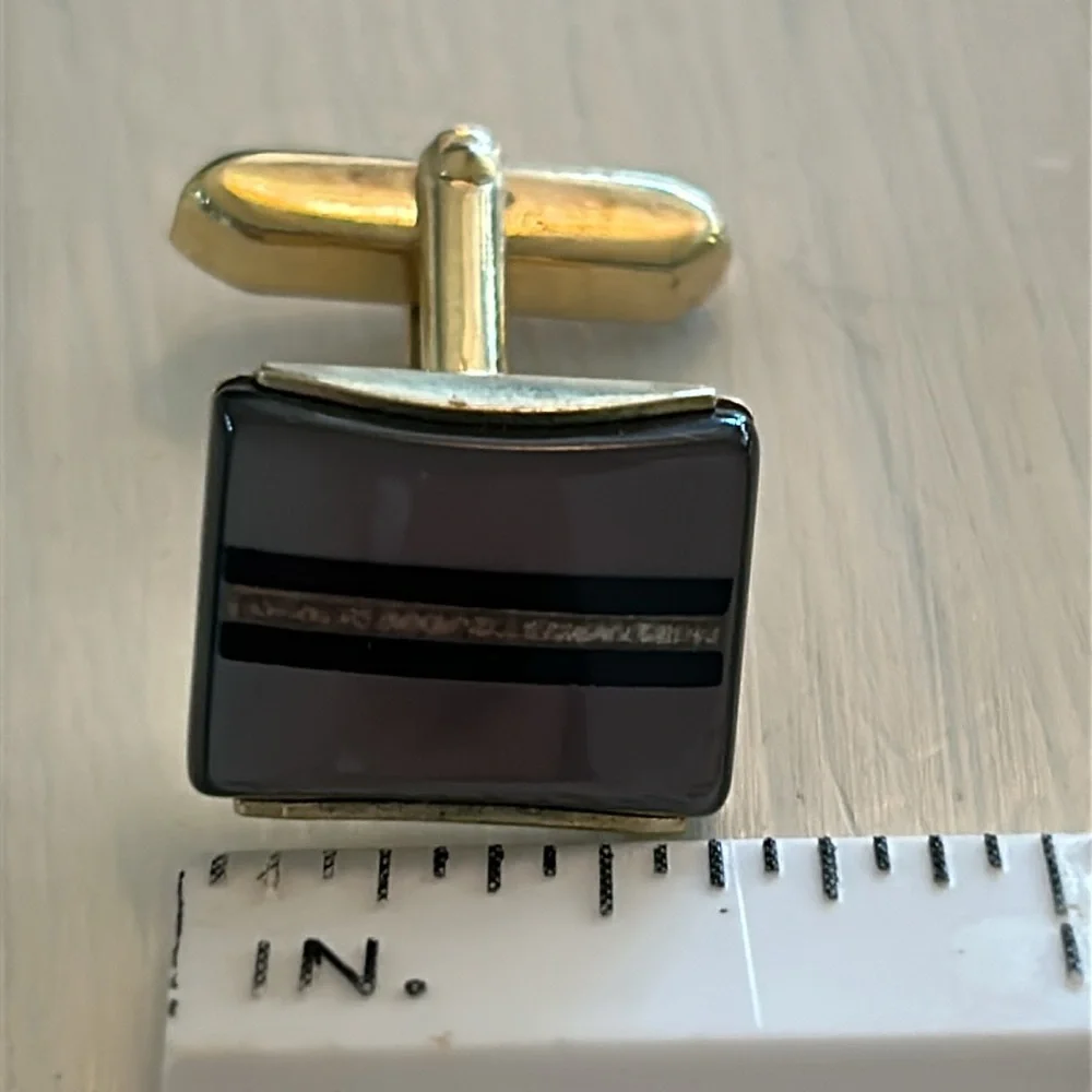 Vintage Cufflinks GOLD TONED Gray Mother Of Pearl/Black stripes